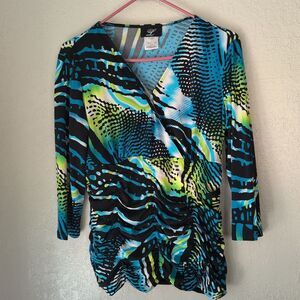 Libra Women's Crossbody Animal Print Blue Green Top Ruffle Stretch Rouche M